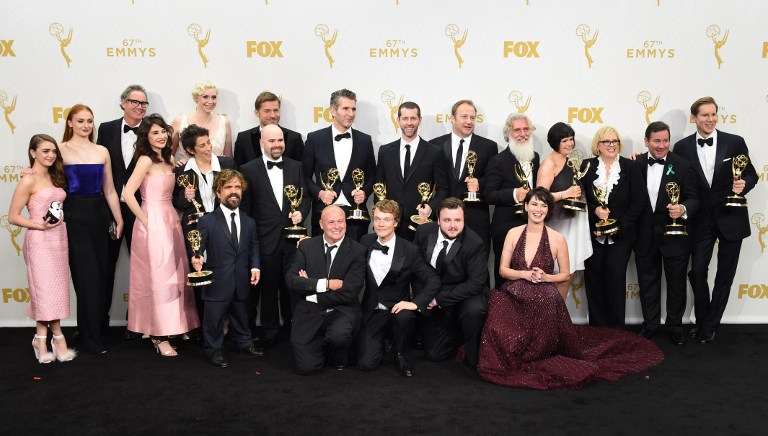 The Cast and crew from Game of Thrones pose in the Press Room with their awards for Outstanding Drama Series during the 67th Emmy Awards on September 20, 2015 at the Microsoft Theater in Los Angeles, California. AFP PHOTO / VALERIE MACON